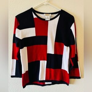 Talbots 3/4 Sleeve Red, White, Blue Color Block Sweater SZ M‎